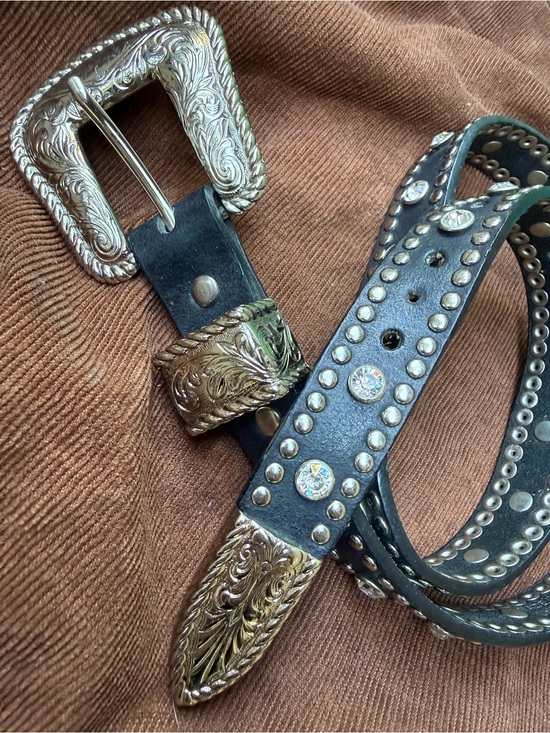 Nocona Belt Co Accessories - Nocona Belt Co Studded Bejewelled Black Leather Western Silver Tone Buckle Y2K S